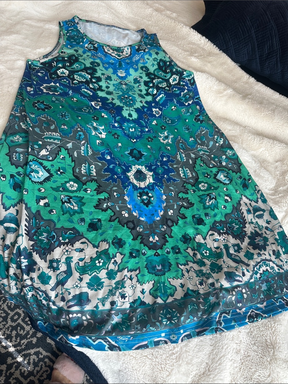 Sleeveless Midi Dress in Green and Blue Paisley Print